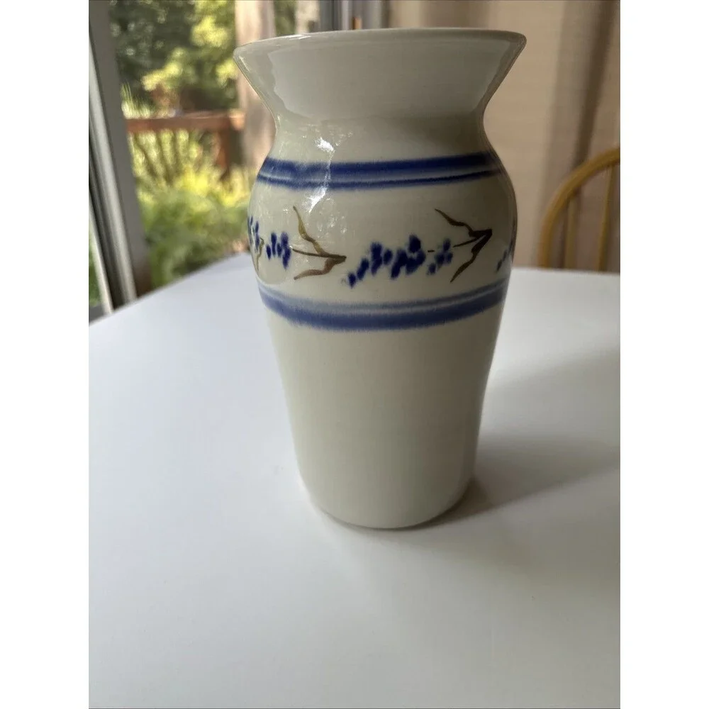 Clay stoneware Vase Floral berries blue Vines CS (??) signed Pottery Studio Art